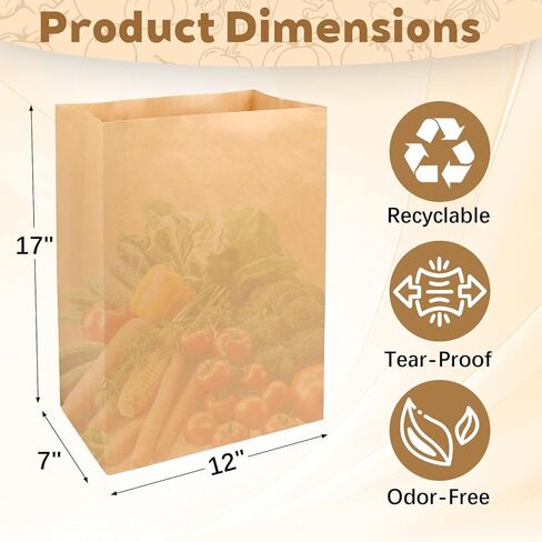 100 قطعة من أكياس البقالة الورقية، أكياس ورق كرافت بنية مقاس 12 × 7 × 17 بوصة، أكياس بقالة كبيرة بوزن 60 رطلًا شديدة التحمل للتسوق وتخزين الوجبات الجاهزة بالتجزئة | كرافت صديقة للبيئة، سعة كبيرة، 60 رطلاً للخدمة الشاقة in Kuwait