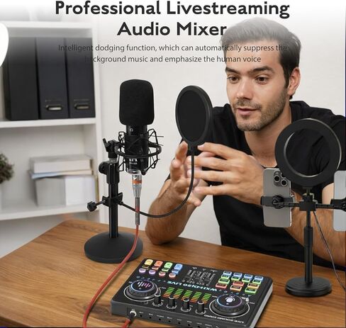 مجموعة معدات البودكاست من ALSO GO، ميكروفون بودكاست WXH520 مع مغير الصوت، بطاقة صوت Dj20، حامل قابل للتعديل مناسب للكمبيوتر/الهاتف، ألعاب الغناء المباشرة، مغير الصوت، تقليل الضوضاء in Kuwait