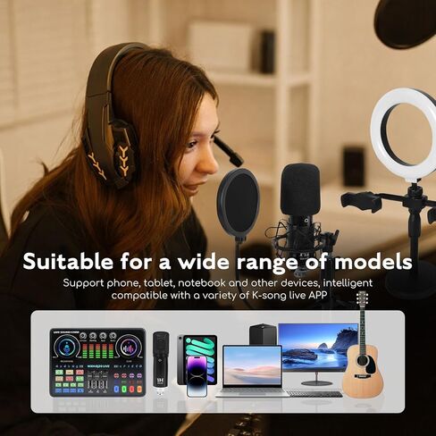 مجموعة معدات البودكاست من ALSO GO، ميكروفون بودكاست WXH520 مع مغير الصوت، بطاقة صوت Dj20، حامل قابل للتعديل مناسب للكمبيوتر/الهاتف، ألعاب الغناء المباشرة، مغير الصوت، تقليل الضوضاء in Kuwait