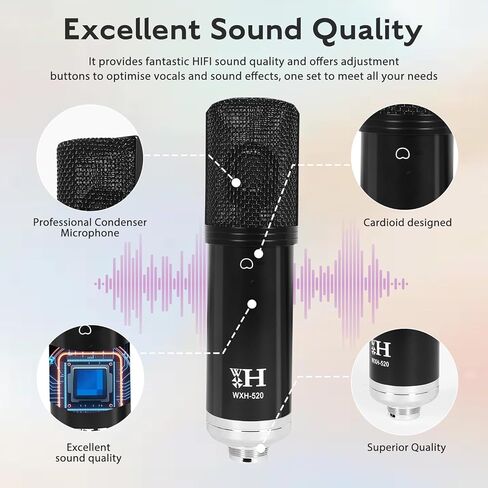 مجموعة معدات البودكاست من ALSO GO، ميكروفون بودكاست WXH520 مع مغير الصوت، بطاقة صوت Dj20، حامل قابل للتعديل مناسب للكمبيوتر/الهاتف، ألعاب الغناء المباشرة، مغير الصوت، تقليل الضوضاء in Kuwait