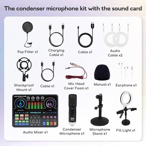مجموعة معدات البودكاست من ALSO GO، ميكروفون بودكاست WXH520 مع مغير الصوت، بطاقة صوت Dj20، حامل قابل للتعديل مناسب للكمبيوتر/الهاتف، ألعاب الغناء المباشرة، مغير الصوت، تقليل الضوضاء in Kuwait