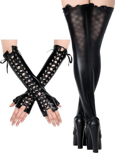 2 Pcs Women's Wet Look Costume Set Include Shiny Fingerless Long Gloves Thigh High Stockings for Halloween Cosplay in Kuwait