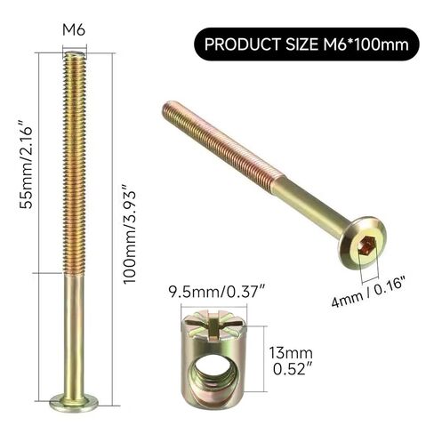 M6 x 100mm Bunk Bed Bolts, 10 Pack Bunk Bed Hardware Replacement Kit, Hex Socket Bed Bolts for Wooden Bed, Carbon Steel Headboard Screws for Bed Frame, Chair Spare Connector Parts in Saudi Arabia