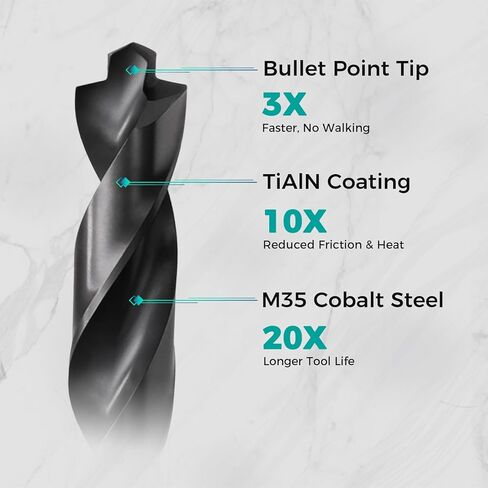 21 Pcs Cobalt Drill Bit Set (Pro), M35 Cobalt Drill Bit with Bullet Point Tip, Titanium Aluminum Nitride Coated (TiAlN), 3-Flats Shank, for Hardened Metal, Stainless Steel, Plastic, 1/16" - 1/2" in Saudi Arabia