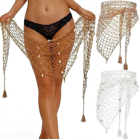 Zonon 2 Pcs Summer Crochet Skirt Cover up for Women Bikini Triangle Fishnet Skirt Beach Hand Crochet Shawl Hollow out Mermaid Sarong Swimwear Bathing Suit Sarong with Shells in Kuwait