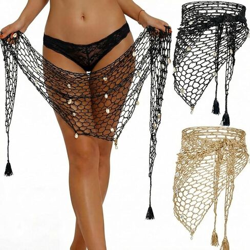Zonon 2 Pcs Summer Crochet Skirt Cover up for Women Bikini Triangle Fishnet Skirt Beach Hand Crochet Shawl Hollow out Mermaid Sarong Swimwear Bathing Suit Sarong with Shells in Saudi Arabia