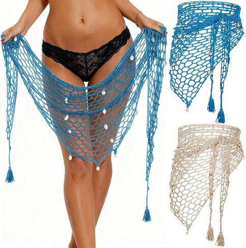 Zonon 2 Pcs Summer Crochet Skirt Cover up for Women Bikini Triangle Fishnet Skirt Beach Hand Crochet Shawl Hollow out Mermaid Sarong Swimwear Bathing Suit Sarong with Shells in Saudi Arabia