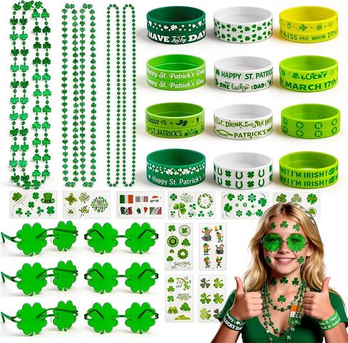 Homgaty 109 Pack St. Patricks Day Party Favors Set, Green Shamrock Glasses Beaded Necklace Bracelets Tattoos Stickers for St Patricks Day Irish Festival Decorations Supplies in Kuwait