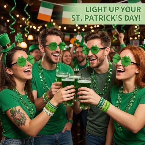 Homgaty 109 Pack St. Patricks Day Party Favors Set, Green Shamrock Glasses Beaded Necklace Bracelets Tattoos Stickers for St Patricks Day Irish Festival Decorations Supplies in Kuwait