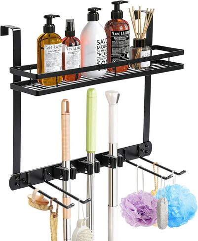 Broom Holder Over The Door Over Door Broom and Mop Rack Over The Door Hooks Organizer With4 Slots & 3 Hooks 1 Storage Basket For Laundry Room, Garage, Closet, Kitchen Decor (black) in Kuwait