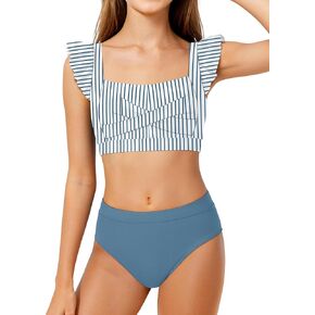 Girls Swimsuit 2 Piece RuffleTrim Square Neck Ruched Bikini Adjustable Straps Criss Cross Bathing Suit for Girls 9-16Y in Kuwait