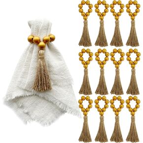 مجموعة حلقات المناديل المكونة من 12 قطعة، حلقات مناديل خشبية، حلقة منديل المزرعة المرنة بخرز خشبي مع شرابة، حامل مناديل بوهو لديكور الطاولة، وحفلات الزفاف، والعشاء، والحفلات (الأزرق الداكن) in Kuwait