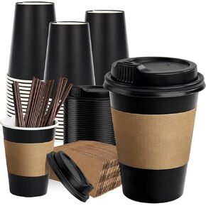RACETOP 12 oz Paper Coffee Cups,100 Pack Black Disposable Coffee Cups with Lids, Sleeves and Stirring Sticks, 12 oz Hot Coffee Cup for Hot Drinks, Parties, Picnic, Travel, and Events in Kuwait