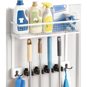 حامل مكنسة Lorbro فوق الباب مع منظم مستلزمات التنظيف، ممسحة خشبية وحامل مكنسة مثبت على الحائط، 4 مقابض، خطافين، رف تخزين بدون حفر، شماعة ممسحة لغرفة الغسيل، المرآب، التخزين in Kuwait