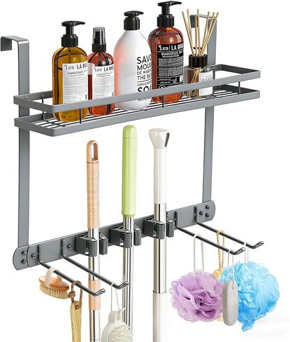 Broom Holder Over The Door Over Door Broom and Mop Rack Over The Door Hooks Organizer With4 Slots & 3 Hooks 1 Storage Basket For Laundry Room, Garage, Closet, Kitchen Decor (black) in Kuwait