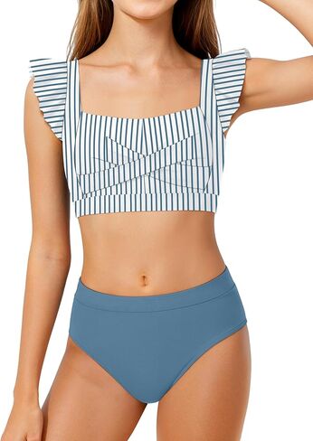 Girls Swimsuit 2 Piece RuffleTrim Square Neck Ruched Bikini Adjustable Straps Criss Cross Bathing Suit for Girls 9-16Y in Kuwait