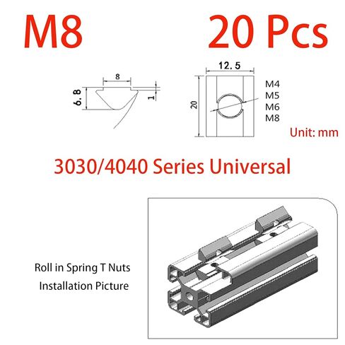 M8 Roll in Spring T Nuts,3030/4040 Series Universal with Spring Sheet,Carbon Steel Nickel-Plated for for 8mm Slot Aluminum Profile (3030/4040Series 20 Pcs) in Saudi Arabia