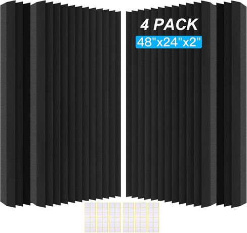 4 Pack Acoustic Foam Panels, 48 x 24 x 2" Sound Proof Foam High Density Studio Wedge Tiles Fire Resistant Acoustic Panels for Home Office, Recording Room, Studio (Black, Black 4 Pack) in Kuwait