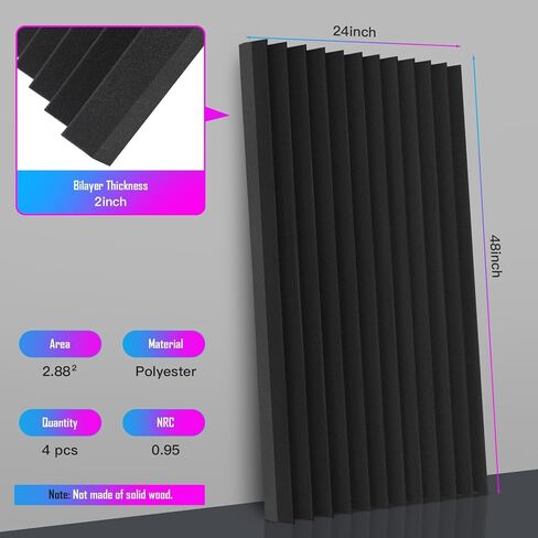 4 Pack Acoustic Foam Panels, 48 x 24 x 2" Sound Proof Foam High Density Studio Wedge Tiles Fire Resistant Acoustic Panels for Home Office, Recording Room, Studio (Black, Black 4 Pack) in Kuwait