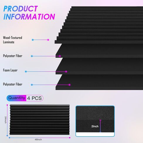 4 Pack Acoustic Foam Panels, 48 x 24 x 2" Sound Proof Foam High Density Studio Wedge Tiles Fire Resistant Acoustic Panels for Home Office, Recording Room, Studio (Black, Black 4 Pack) in Kuwait