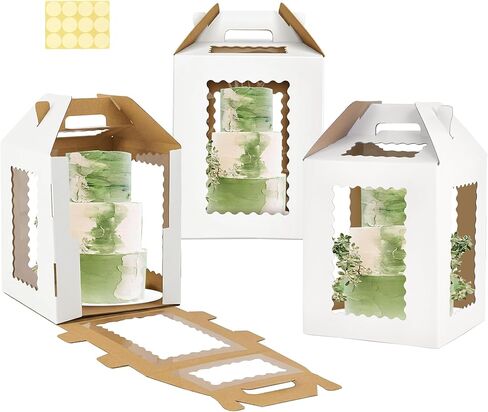 علب كيك طويلة 6 نوافذ بمقبض، حامل كيك طويل 12x12x12، صندوق كيك متعدد الطبقات، صندوق كيك مربع، حاويات نقل كبيرة مثالية للكعك ذو الطبقات 10 بوصة و12 بوصة (عبوة واحدة باللون الأبيض) in Saudi Arabia