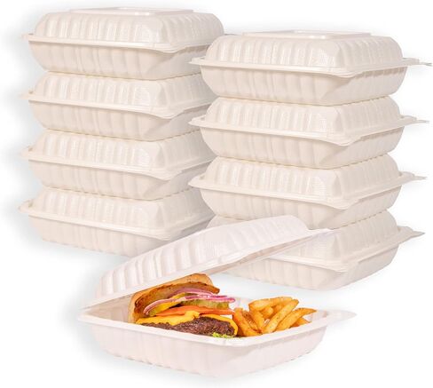 MULMEHË Mineral Filled Polypropylene Plastic Hinged Take Out Food Containers, 8x8x3, Vented Single Compartment, Natural White, 200 per Case in Kuwait