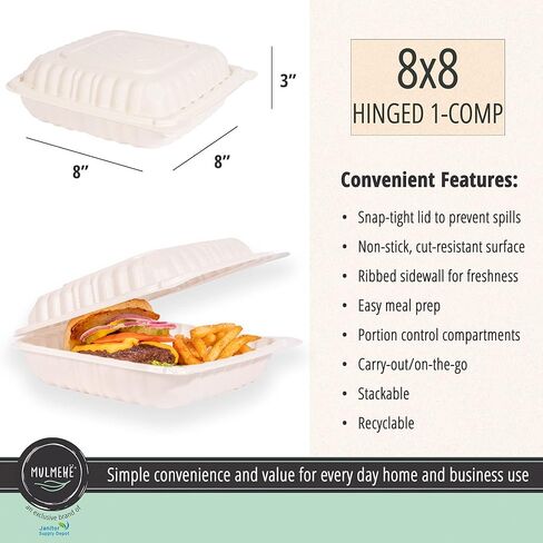 MULMEHË Mineral Filled Polypropylene Plastic Hinged Take Out Food Containers, 8x8x3, Vented Single Compartment, Natural White, 200 per Case in Kuwait