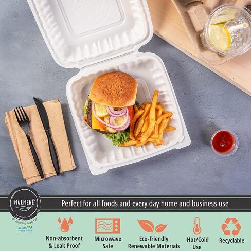 MULMEHË Mineral Filled Polypropylene Plastic Hinged Take Out Food Containers, 8x8x3, Vented Single Compartment, Natural White, 200 per Case in Kuwait