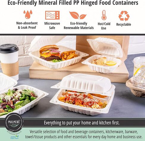 MULMEHË Mineral Filled Polypropylene Plastic Hinged Take Out Food Containers, 8x8x3, Vented Single Compartment, Natural White, 200 per Case in Kuwait