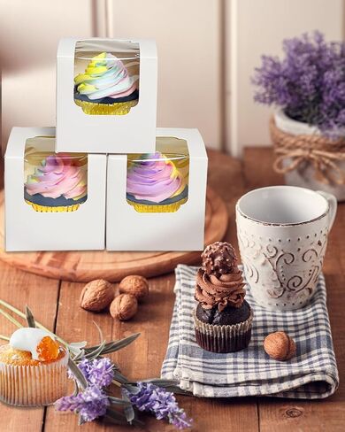 صناديق كب كيك منبثقة تلقائيًا من Bakepacker مكونة من 30 عبوة من حاوية كب كيك فردية باللون الأبيض مقاس 3.5 بوصة × 3.5 بوصة × 3.5 بوصة صناديق كب كيك فردية in Kuwait