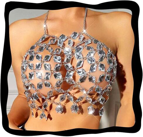 Aukmla Sparkly Crystal Bra Chain Top Halter Rhinestones Chest Body Chains Nightclub Beach Bikini Crop Tops for Women in Kuwait
