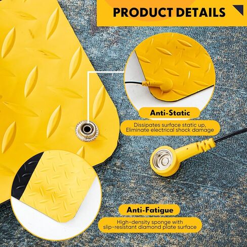 1 Pcs 3'x5' Anti Fatigue Mat Industrial, ESD Conductive Pad with Ground Wire, Heavy Duty Ergonomic Standing Floor Mat for Commercial Work, Shop Stand, Thick 3/4" Black with Yellow Border in Kuwait