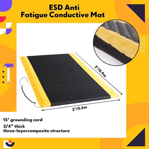 1 Pcs 3'x5' Anti Fatigue Mat Industrial, ESD Conductive Pad with Ground Wire, Heavy Duty Ergonomic Standing Floor Mat for Commercial Work, Shop Stand, Thick 3/4" Black with Yellow Border in Kuwait