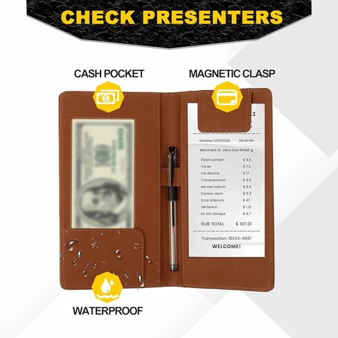 PATIKIL Restaurant Check Presenters, 2Pcs Guest Check Bill Holder with Magnetic Clip PU Leather Check Presenters for Restaurants Waitress Servers Bars, Light Brown in Saudi Arabia