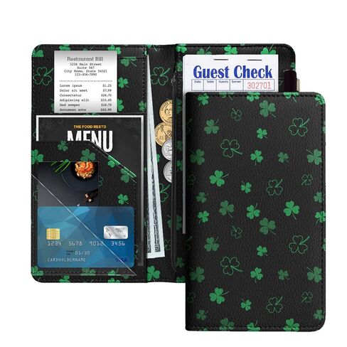 WIRESTER 4.7x9 inch Server Book for Waitress with Zipper Pocket, Magnetic Closure Waiter Book Wallet with Money Pocket, Restaurant Waitstaff Organizer Fit Server Apron - Shamrock Clover Leaves in Saudi Arabia
