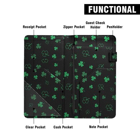 WIRESTER 4.7x9 inch Server Book for Waitress with Zipper Pocket, Magnetic Closure Waiter Book Wallet with Money Pocket, Restaurant Waitstaff Organizer Fit Server Apron - Shamrock Clover Leaves in Saudi Arabia