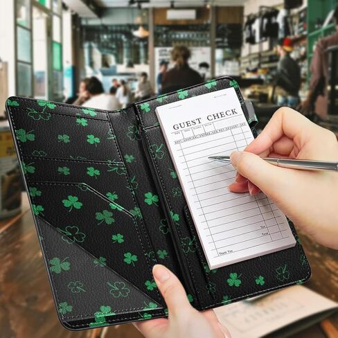 WIRESTER 4.7x9 inch Server Book for Waitress with Zipper Pocket, Magnetic Closure Waiter Book Wallet with Money Pocket, Restaurant Waitstaff Organizer Fit Server Apron - Shamrock Clover Leaves in Saudi Arabia