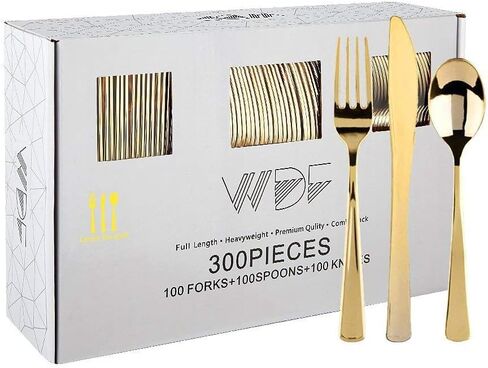WDF300 Pieces Gold Plastic Silverware - Heavy Duty Disposable Cutlery Set Plastic Gold Silverware Set Includes 100 Forks, 100 Spoons, 100 Knives for Party Baby Shower Wedding Spring in Kuwait