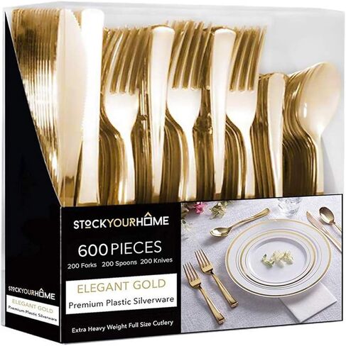 Gold Plastic Silverware Set (160 Bulk Pack) Disposable Cutlery Utensils, 80 Gold Forks, 40 Gold Knives, 40 Gold Spoons, Heavy Duty Flatware For Holidays, Parties, Dinners, Weddings, and Occasions in Saudi Arabia