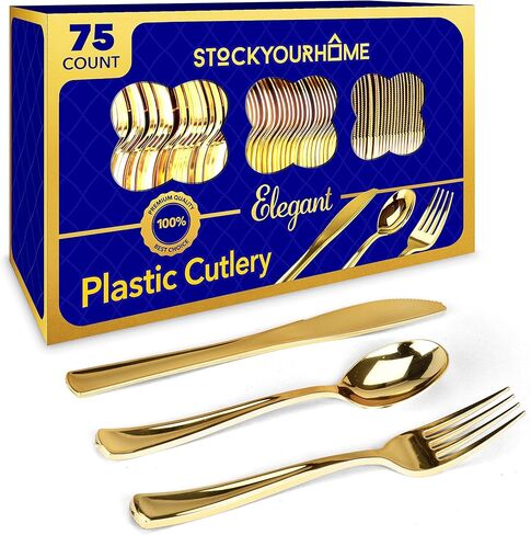 Gold Plastic Silverware Set (160 Bulk Pack) Disposable Cutlery Utensils, 80 Gold Forks, 40 Gold Knives, 40 Gold Spoons, Heavy Duty Flatware For Holidays, Parties, Dinners, Weddings, and Occasions in Saudi Arabia