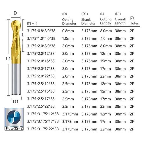 1 قطعة كربيد 2 الناي الكرة الأنف نهاية المطاحن 3.175/4/6/8/10/12 مللي متر عرقوب CNC راوتر بت كربيد قاطعة المطحنة أداة نجارة (3.175x2.5x22x38) in Kuwait