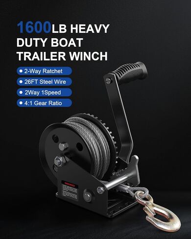 ونش مقطورة القارب 1600 رطل، ونش كرنك يدوي محمول مع كابل فولاذي بطول 26 قدم، سقاطة ثنائية الاتجاه 4:1 نسبة تروس للقوارب، ATV، جت سكي، السحب البحري in Kuwait