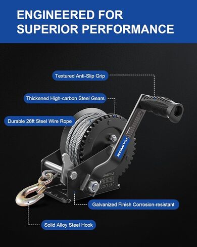 ونش مقطورة القارب 1600 رطل، ونش كرنك يدوي محمول مع كابل فولاذي بطول 26 قدم، سقاطة ثنائية الاتجاه 4:1 نسبة تروس للقوارب، ATV، جت سكي، السحب البحري in Kuwait