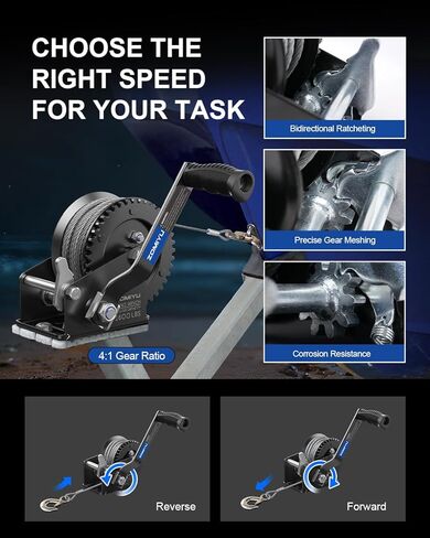 ونش مقطورة القارب 1600 رطل، ونش كرنك يدوي محمول مع كابل فولاذي بطول 26 قدم، سقاطة ثنائية الاتجاه 4:1 نسبة تروس للقوارب، ATV، جت سكي، السحب البحري in Kuwait