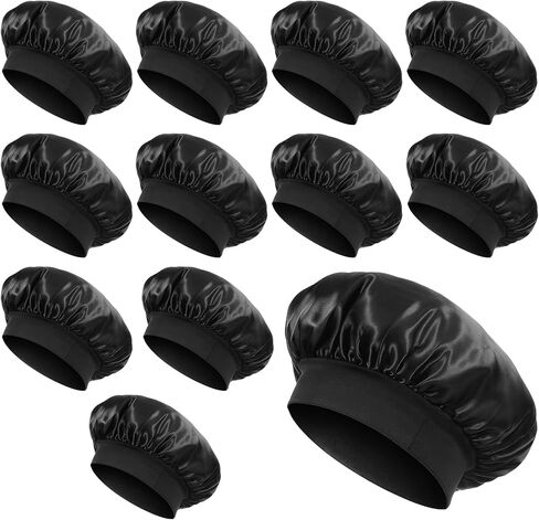 12 PCS Bonnet,Satin Bonnets,Silk Bonnets,Silky Hair Bonnet for Sleeping,Elastic Wide Band Silk Sleep Cap,for Women Men Natural Curly Dreadlock Braid Hair-Black in Kuwait