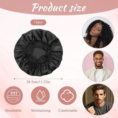 12 PCS Bonnet,Satin Bonnets,Silk Bonnets,Silky Hair Bonnet for Sleeping,Elastic Wide Band Silk Sleep Cap,for Women Men Natural Curly Dreadlock Braid Hair-Black in Kuwait