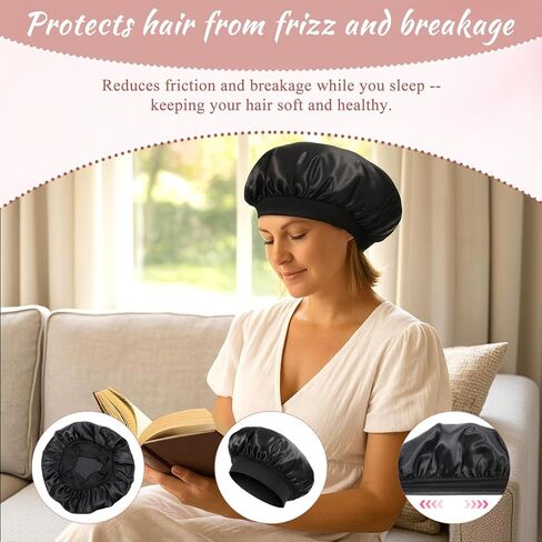 12 PCS Bonnet,Satin Bonnets,Silk Bonnets,Silky Hair Bonnet for Sleeping,Elastic Wide Band Silk Sleep Cap,for Women Men Natural Curly Dreadlock Braid Hair-Black in Kuwait