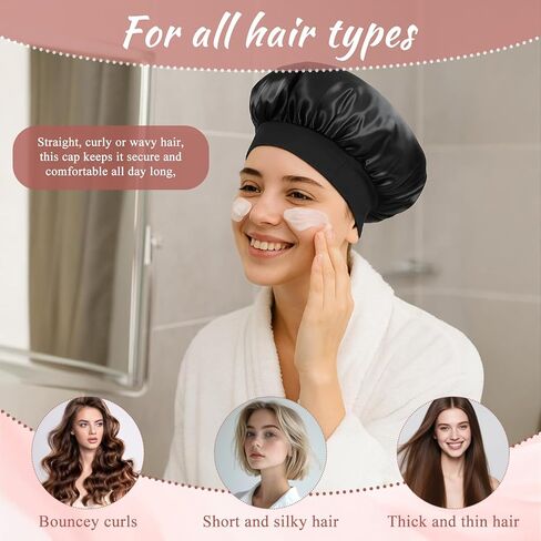 12 PCS Bonnet,Satin Bonnets,Silk Bonnets,Silky Hair Bonnet for Sleeping,Elastic Wide Band Silk Sleep Cap,for Women Men Natural Curly Dreadlock Braid Hair-Black in Kuwait