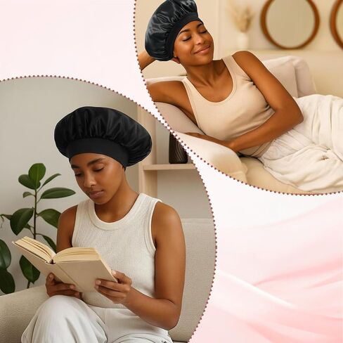12 PCS Bonnet,Satin Bonnets,Silk Bonnets,Silky Hair Bonnet for Sleeping,Elastic Wide Band Silk Sleep Cap,for Women Men Natural Curly Dreadlock Braid Hair-Black in Kuwait