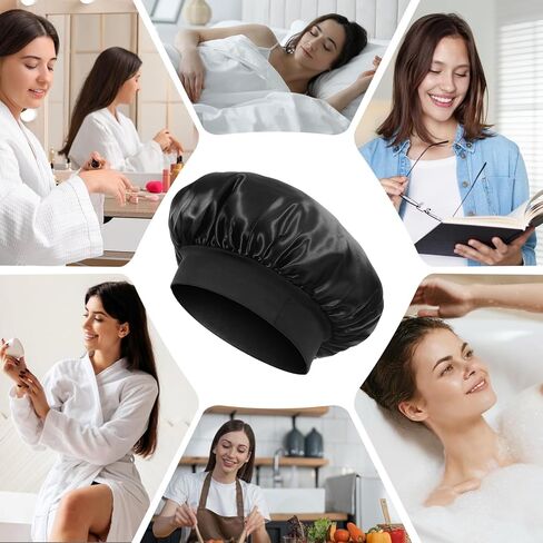 12 PCS Bonnet,Satin Bonnets,Silk Bonnets,Silky Hair Bonnet for Sleeping,Elastic Wide Band Silk Sleep Cap,for Women Men Natural Curly Dreadlock Braid Hair-Black in Kuwait
